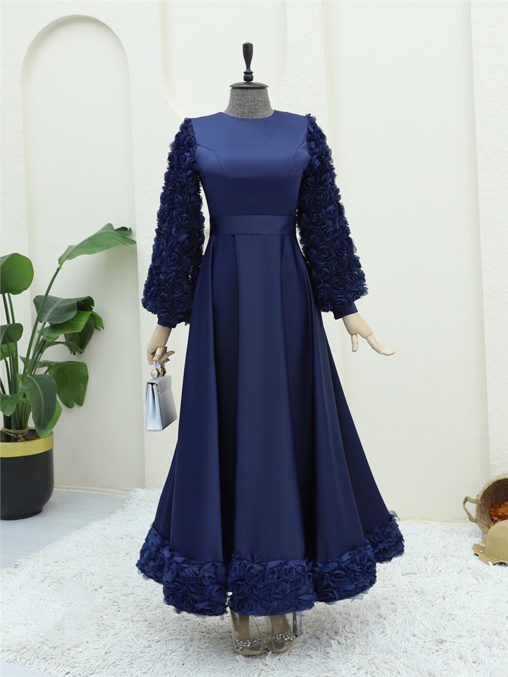 Eteği Ve Kolları Gül Detaylı Saten Abiye -Laci-316-4661-R03