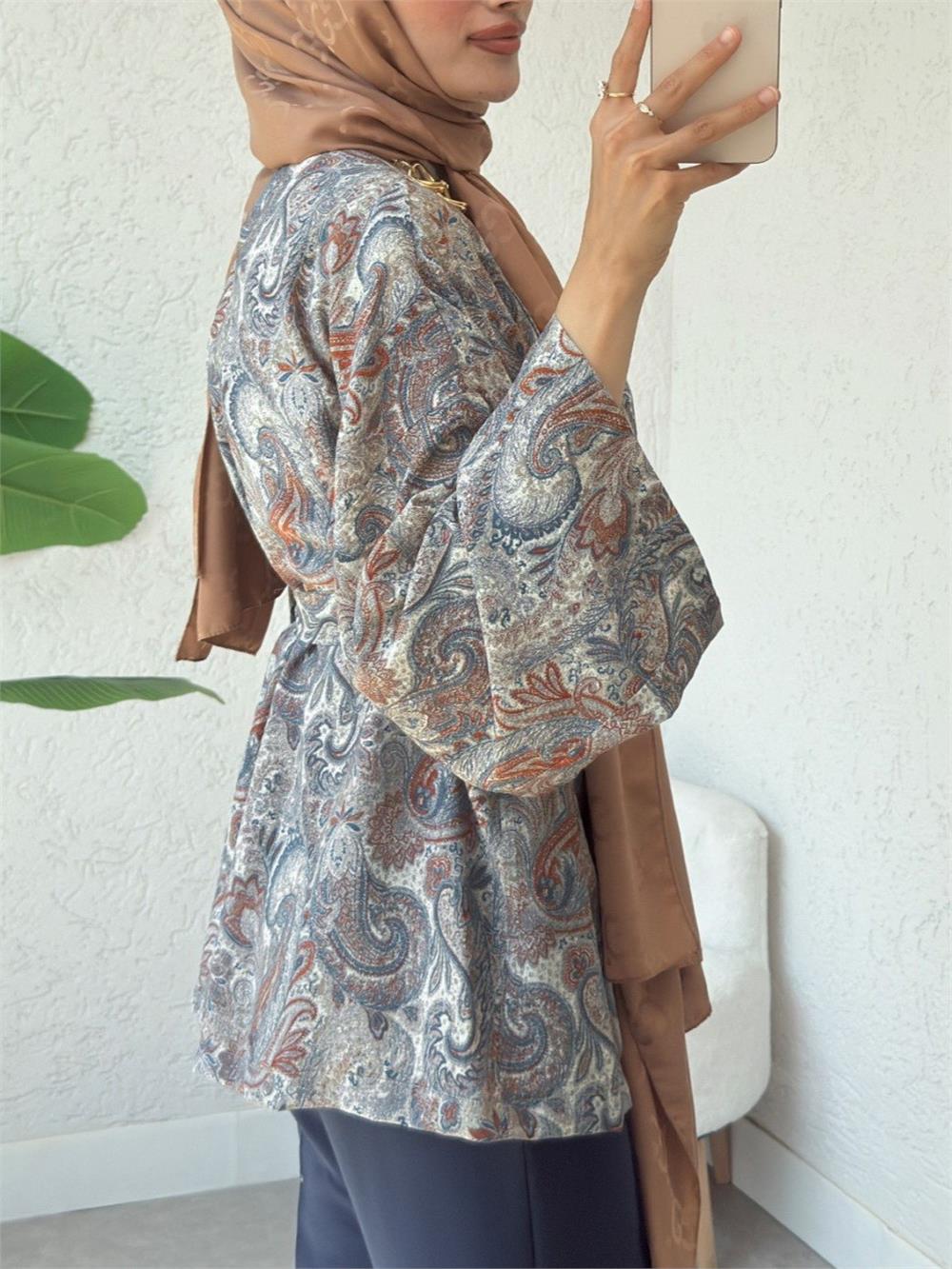 Etnik Desenli Bağcıklı Kimono -Açık Gri-307-2375-R41