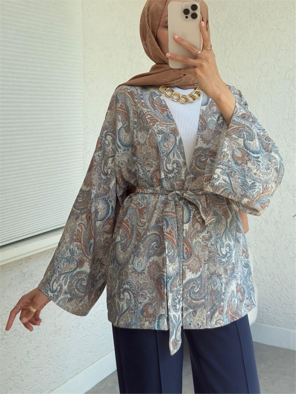 Etnik Desenli Bağcıklı Kimono -Açık Gri-307-2375-R41