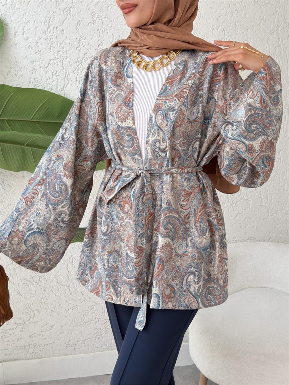Etnik Desenli Bağcıklı Kimono -Açık Gri-307-2375-R41