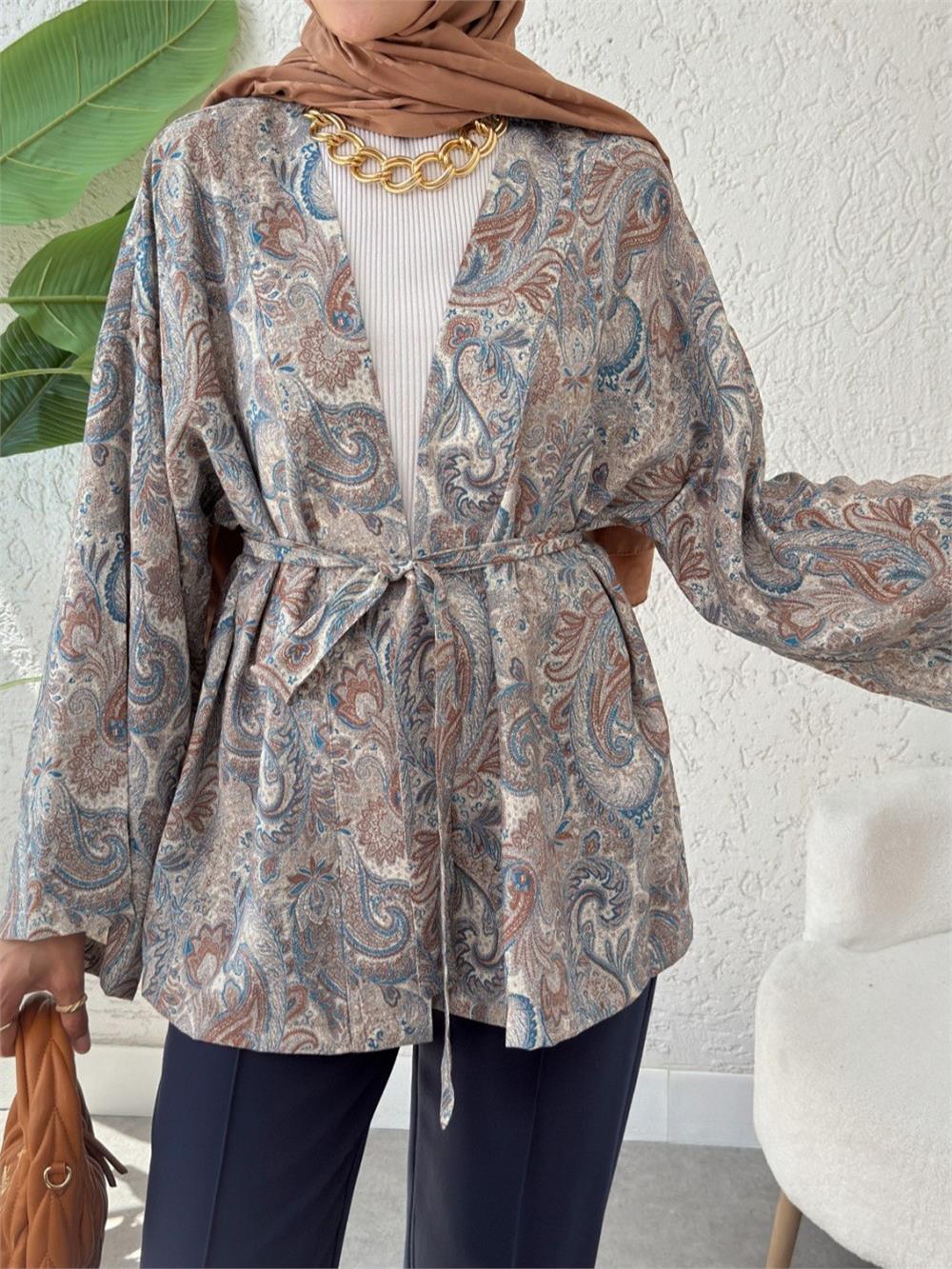 Etnik Desenli Bağcıklı Kimono -Açık Gri-307-2375-R41