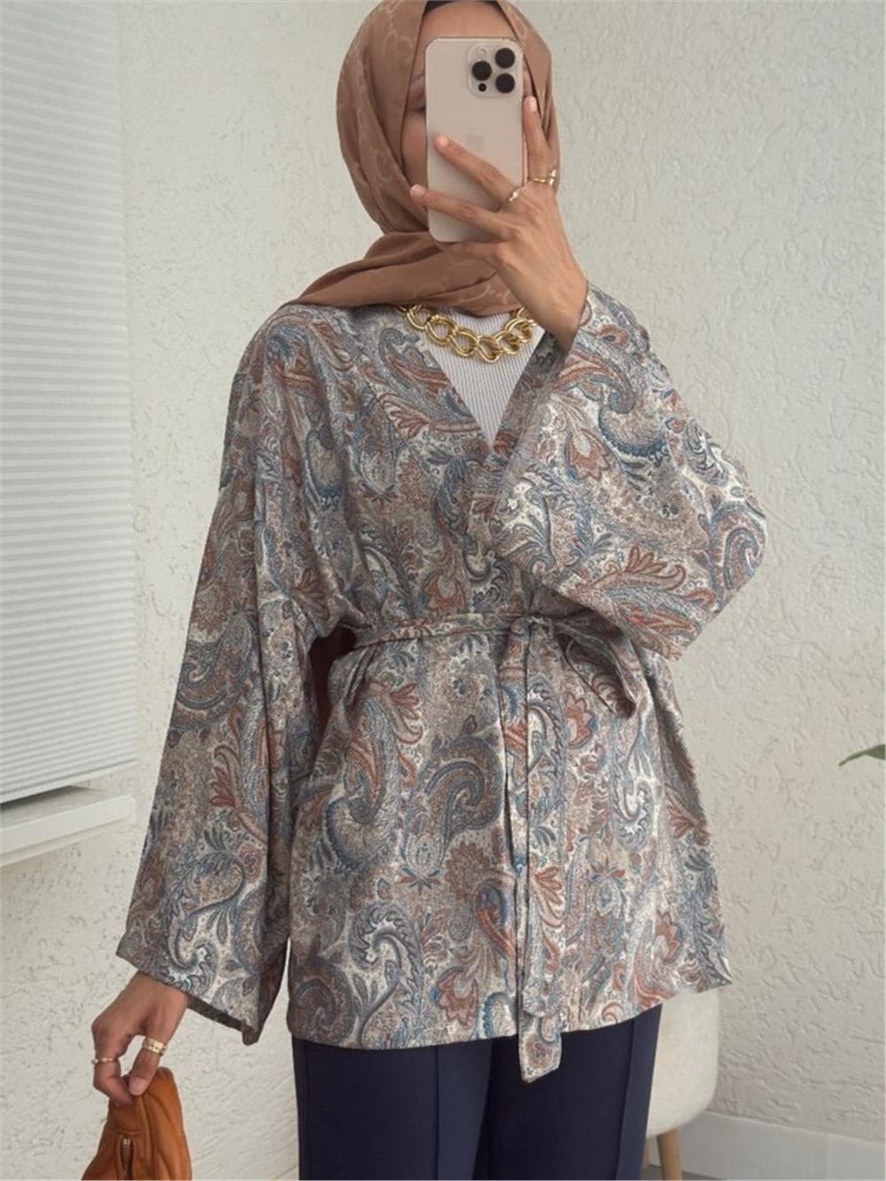 Etnik Desenli Bağcıklı Kimono -Açık Gri-307-2375-R41