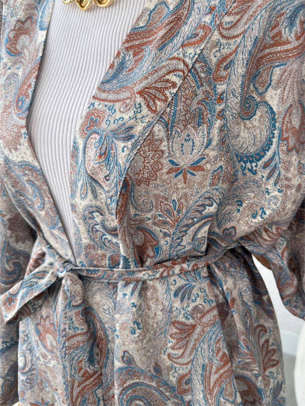Etnik Desenli Bağcıklı Kimono -Açık Gri-307-2375-R41