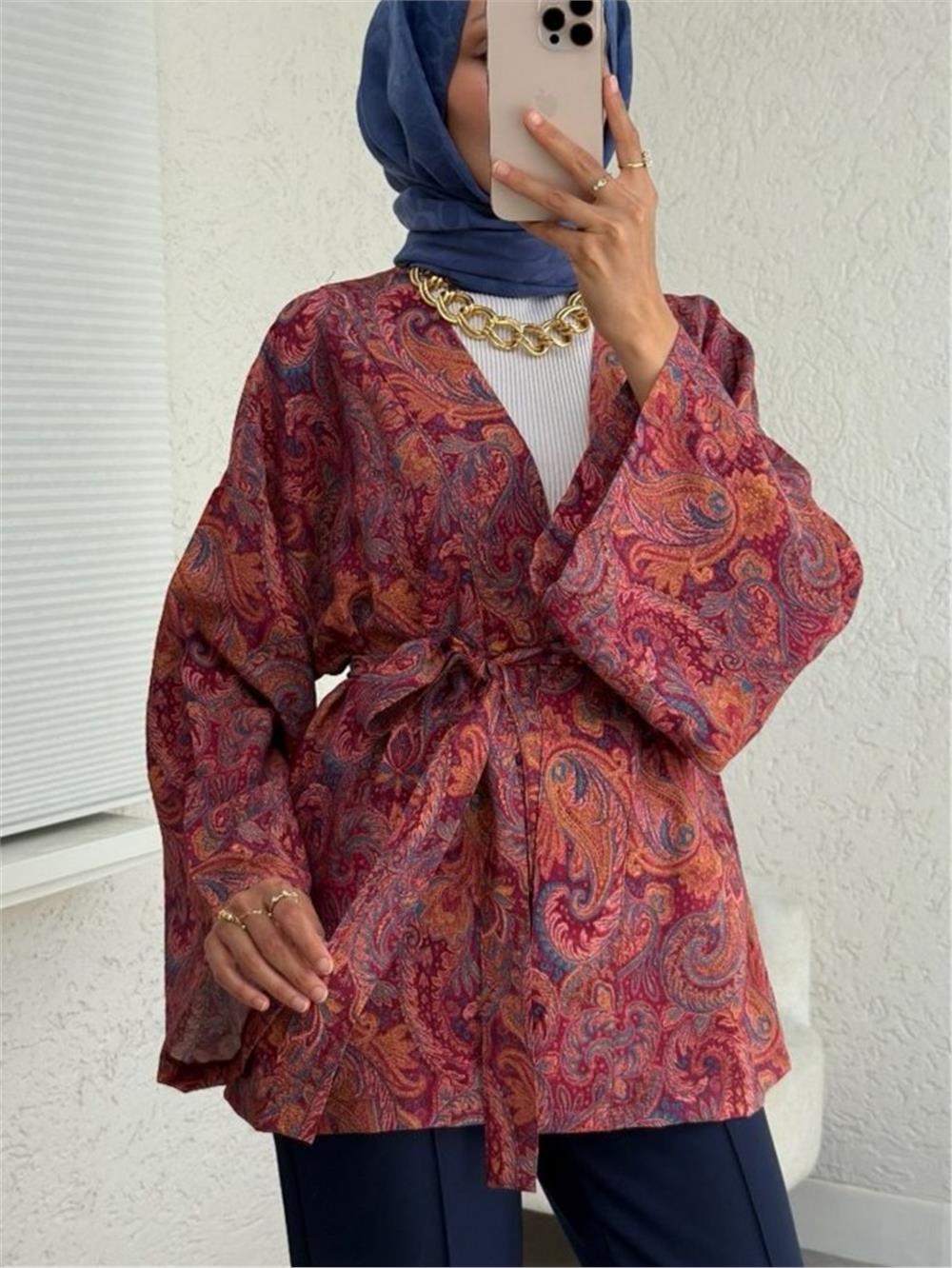 Etnik Desenli Bağcıklı Kimono -Bordo-307-2375-R04
