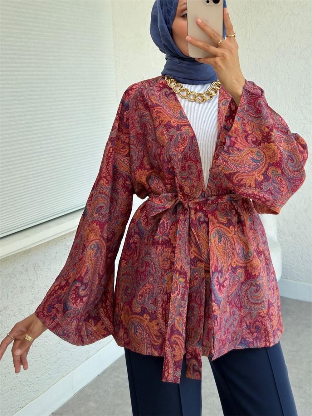 Etnik Desenli Bağcıklı Kimono -Bordo-307-2375-R04