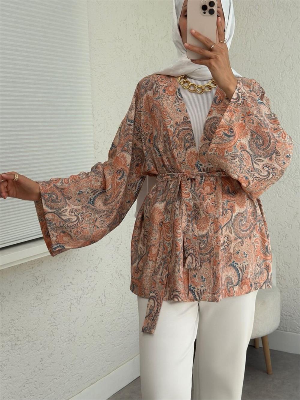 Etnik Desenli Bağcıklı Kimono -Yavruağzı-307-2375-R77