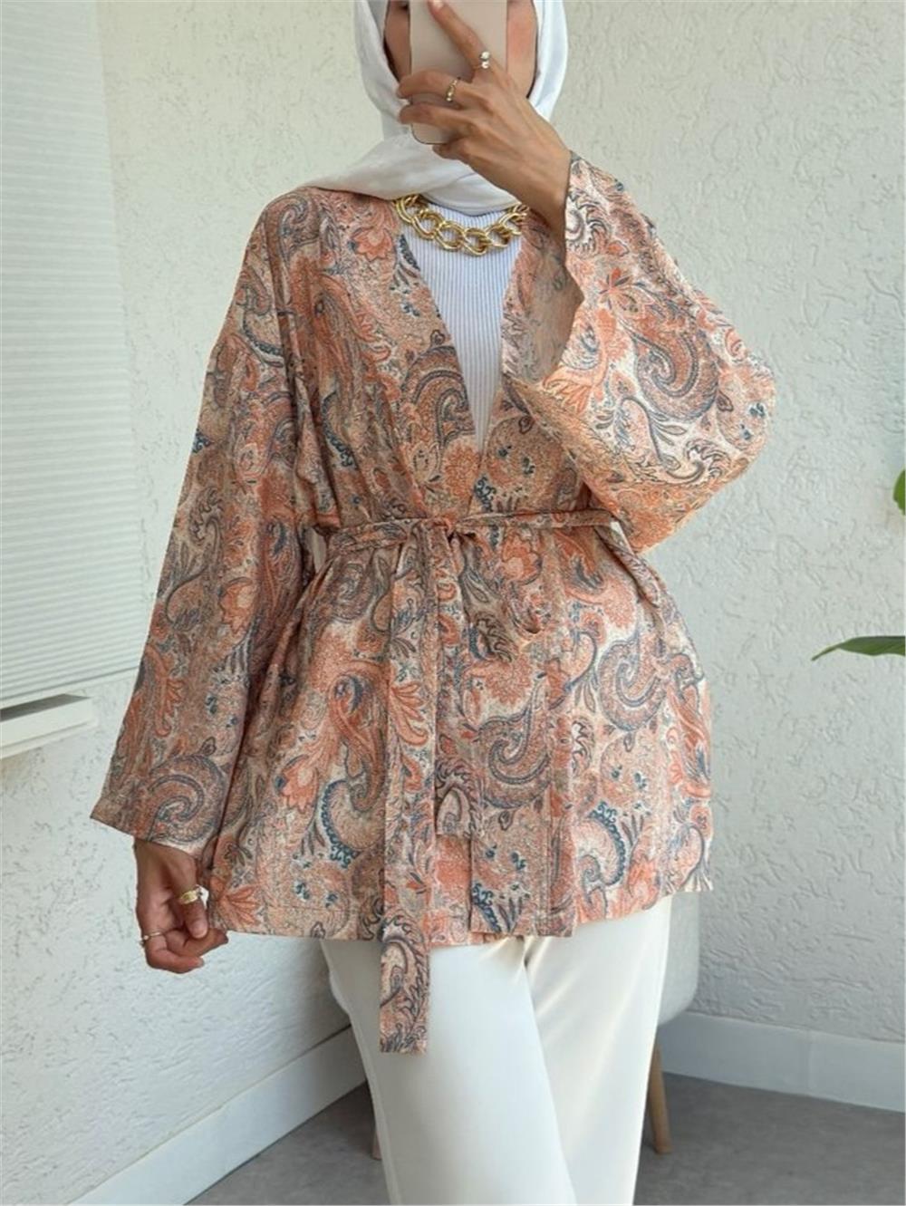 Etnik Desenli Bağcıklı Kimono -Yavruağzı-307-2375-R77
