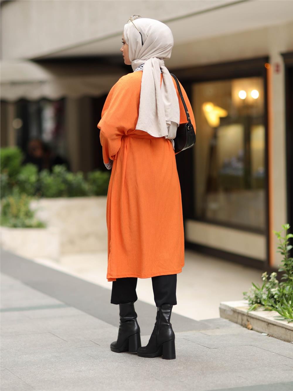 Ethnic Stripe Laced Long Kimono -Orange-138-5865-R16