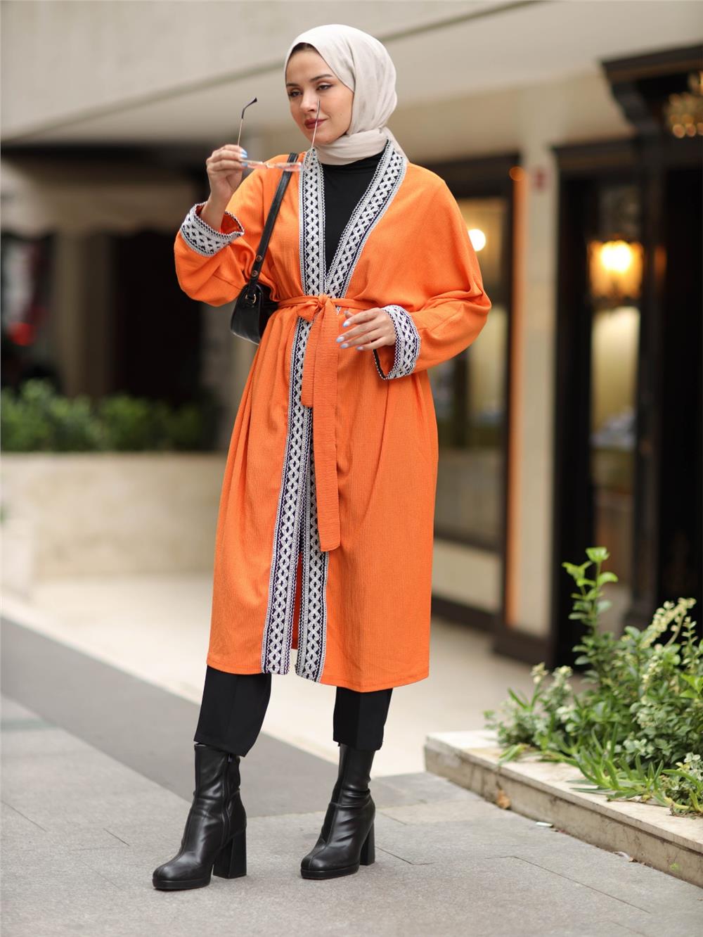 Ethnic Stripe Laced Long Kimono -Orange-138-5865-R16