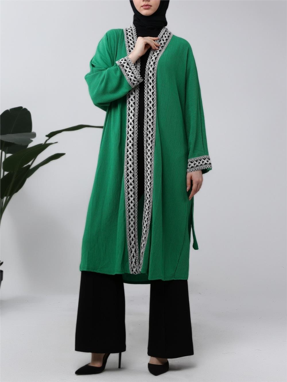 Ethnic Striped Laced Long Kimono -Green-138-5865-R35
