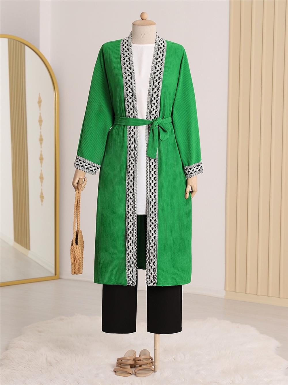 Ethnic Striped Laced Long Kimono -Green-138-5865-R35