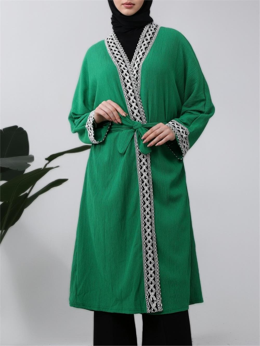 Ethnic Striped Laced Long Kimono -Green-138-5865-R35