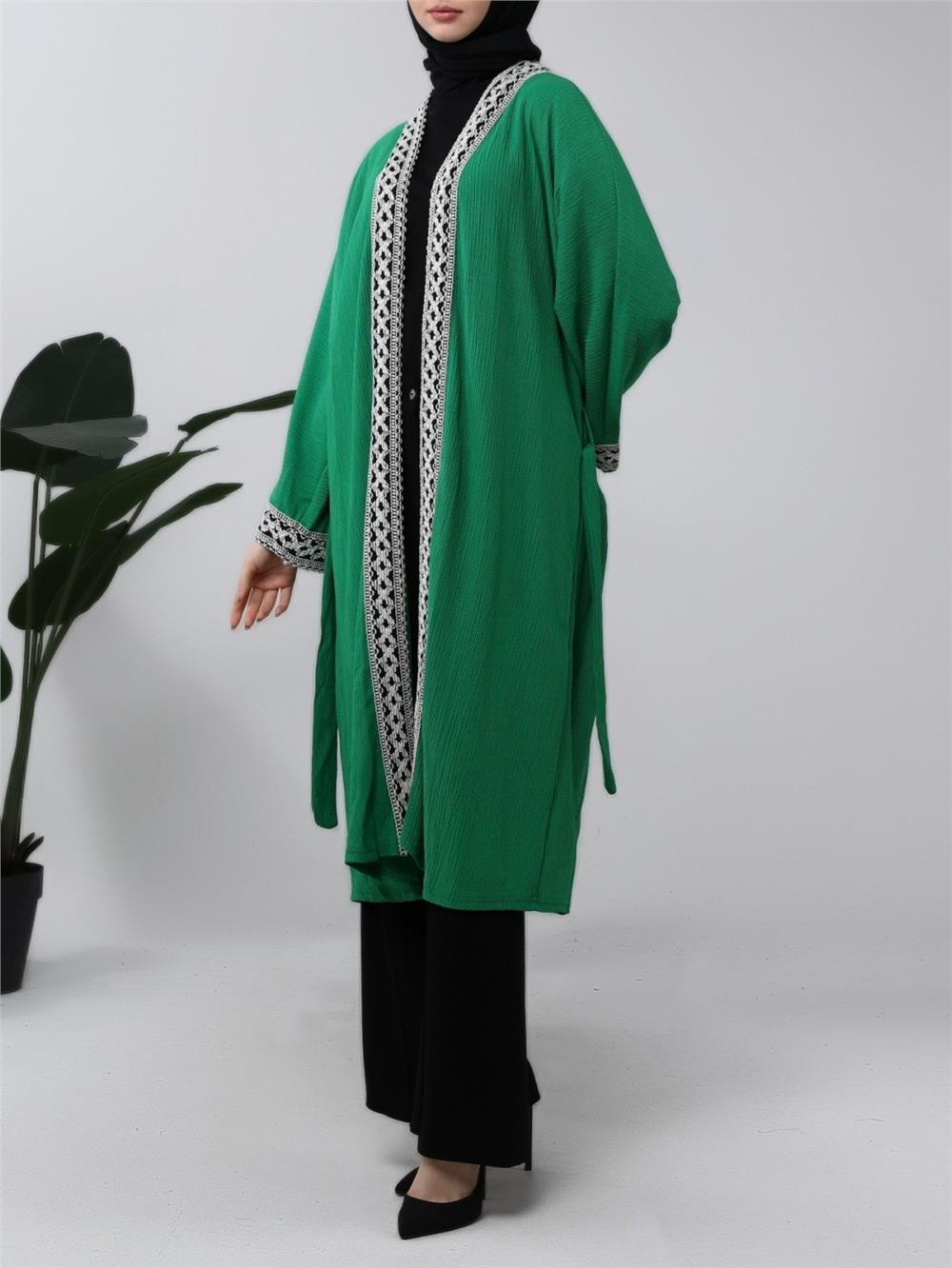 Ethnic Striped Laced Long Kimono -Green-138-5865-R35