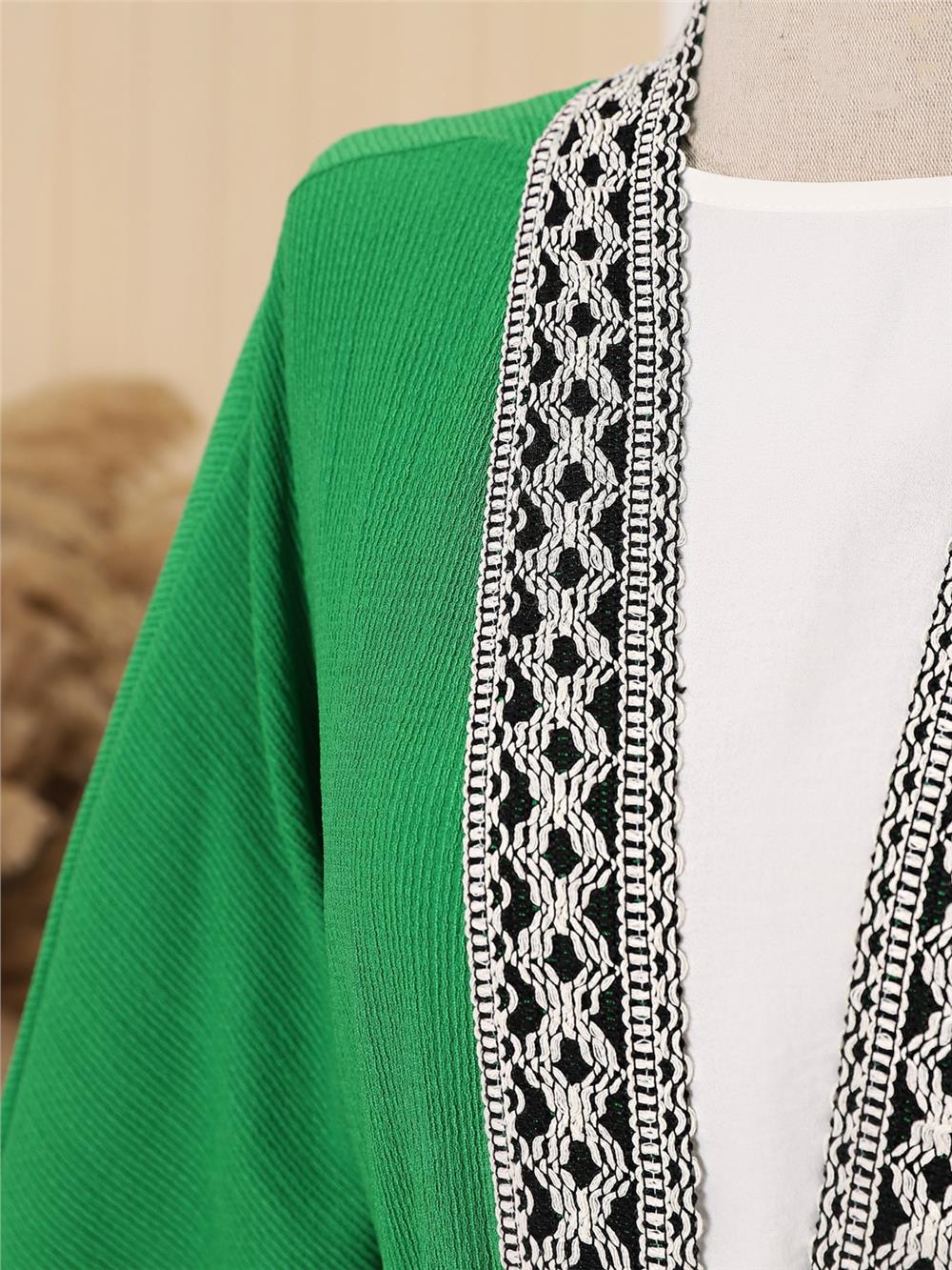 Ethnic Striped Laced Long Kimono -Green-138-5865-R35
