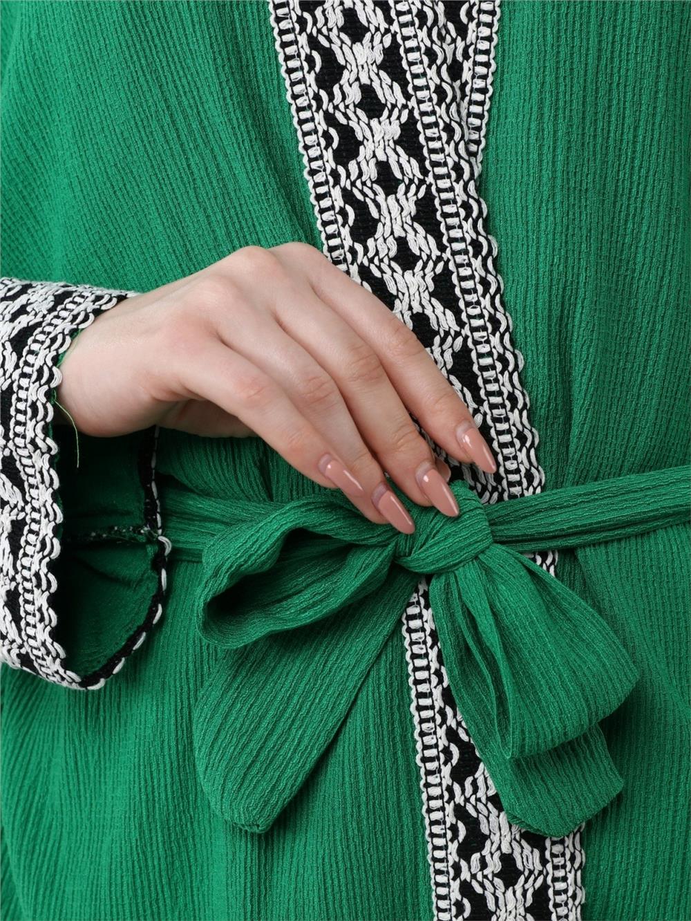 Ethnic Striped Laced Long Kimono -Green-138-5865-R35