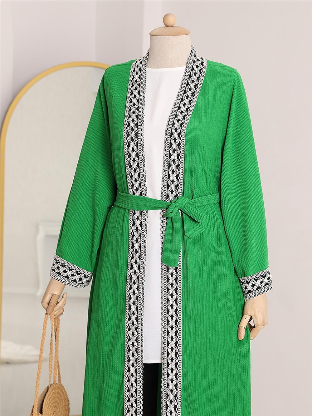 Ethnic Striped Laced Long Kimono -Green-138-5865-R35
