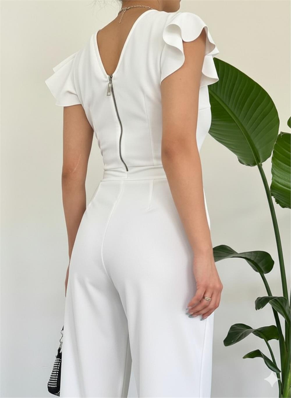 Zipper Detailed Frilly Jumpsuit -White-372-9317-R02