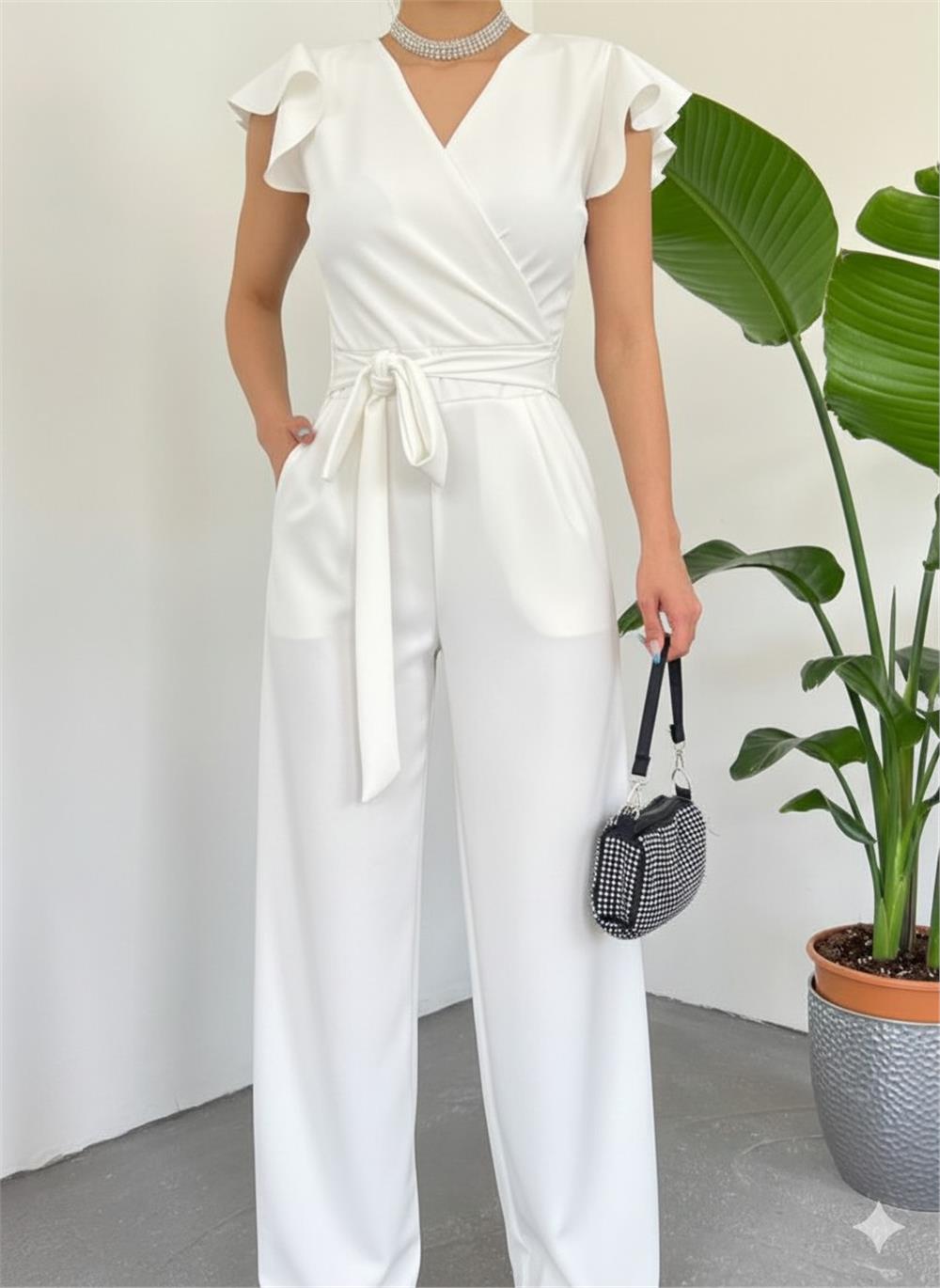 Zipper Detailed Frilly Jumpsuit -White-372-9317-R02