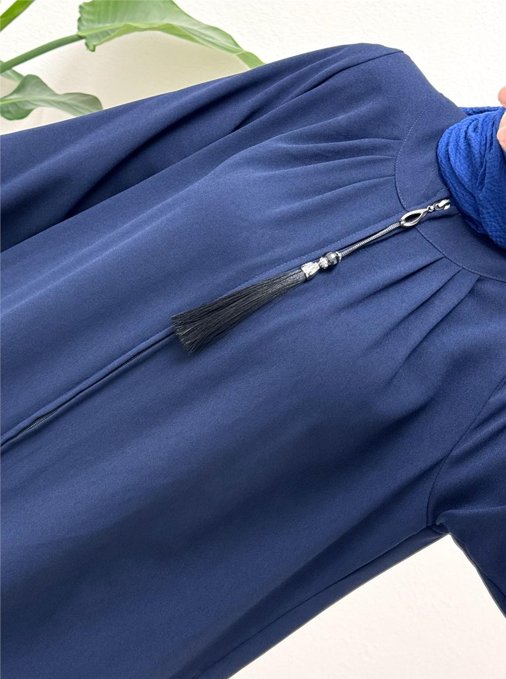 Zipper Tassel Detailed Padded Cape - Navy Blue-386-6097-R03