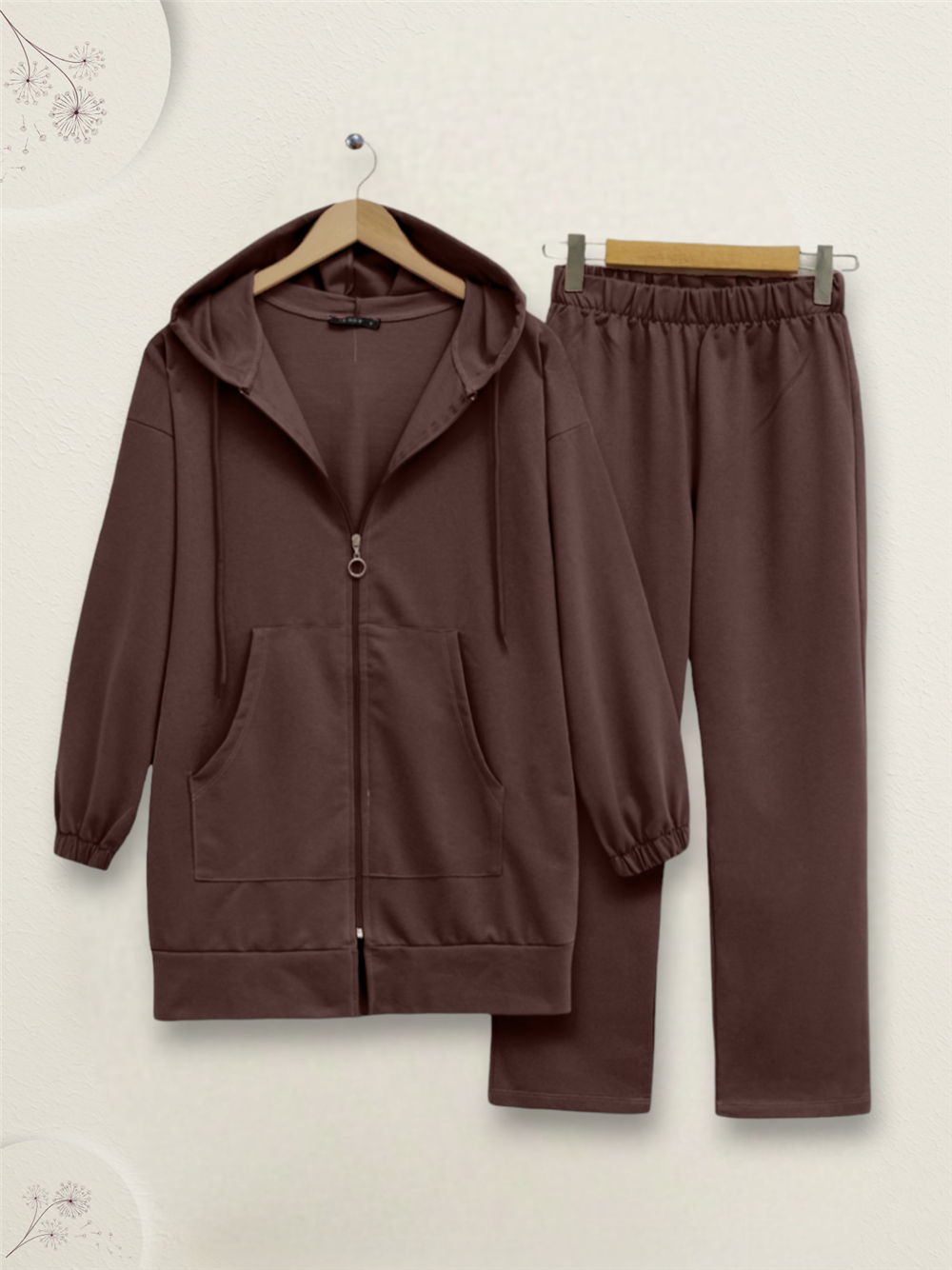 Zippered Hooded Combed Cotton Suit - Brown-349-4070-R15