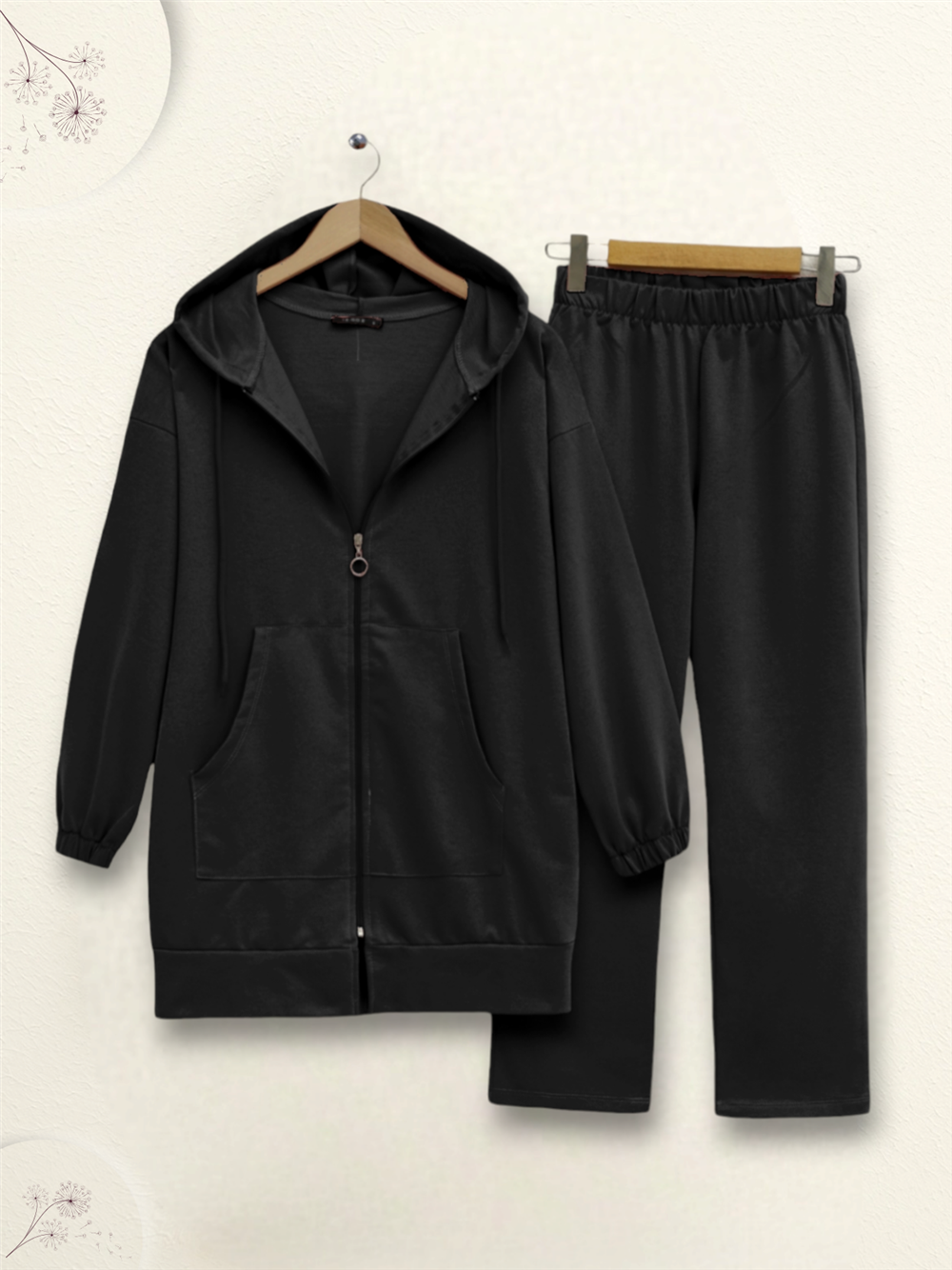 Zippered Hooded Combed Cotton Suit -Black-349-4070-R01
