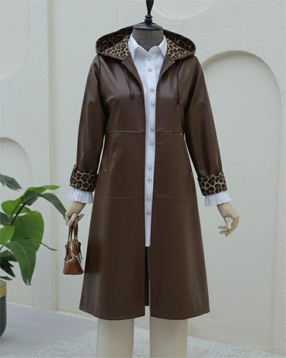Fermuarlı Kolu Katlamalı Deri Kap  -Kahve-197-1266-R15