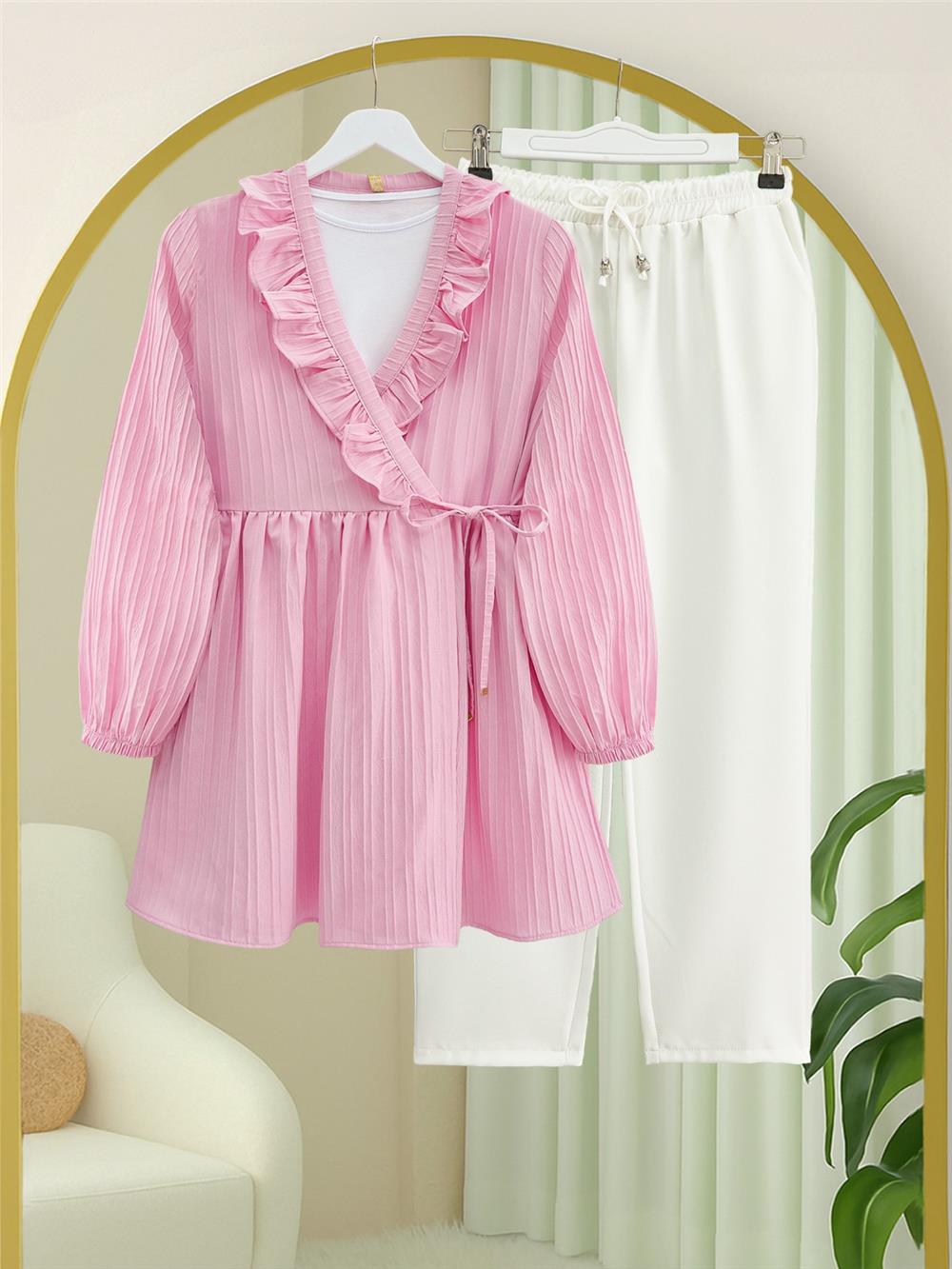 Fırfırlı Önü Bağcıklı Kolu Lastikli Kimono  -Pudra-398-1031-R06