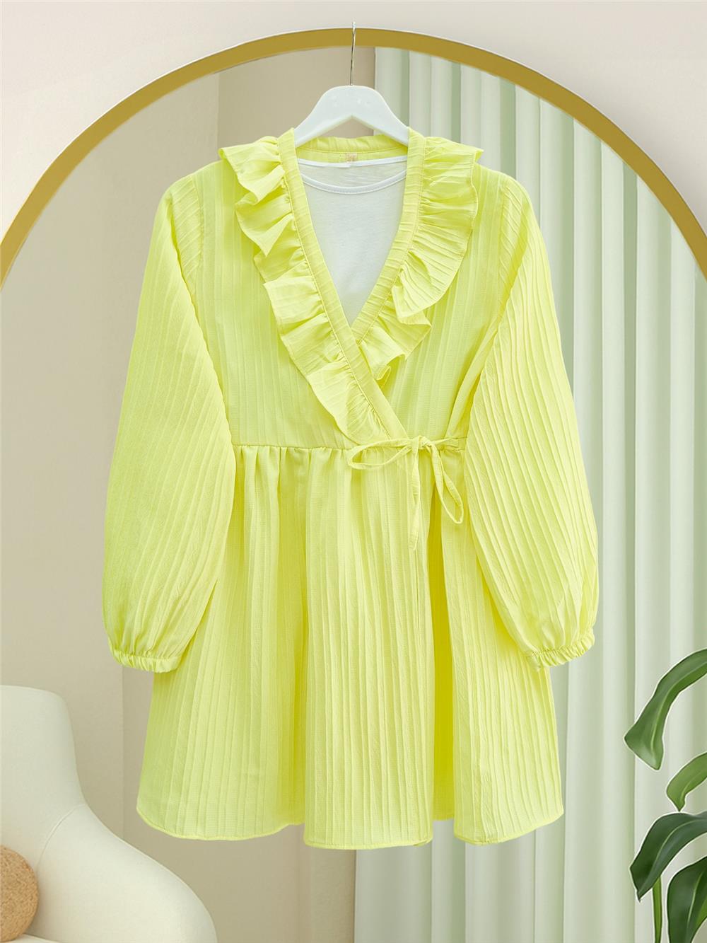Fırfırlı Önü Bağcıklı Kolu Lastikli Kimono  -Sarı-398-1031-R22