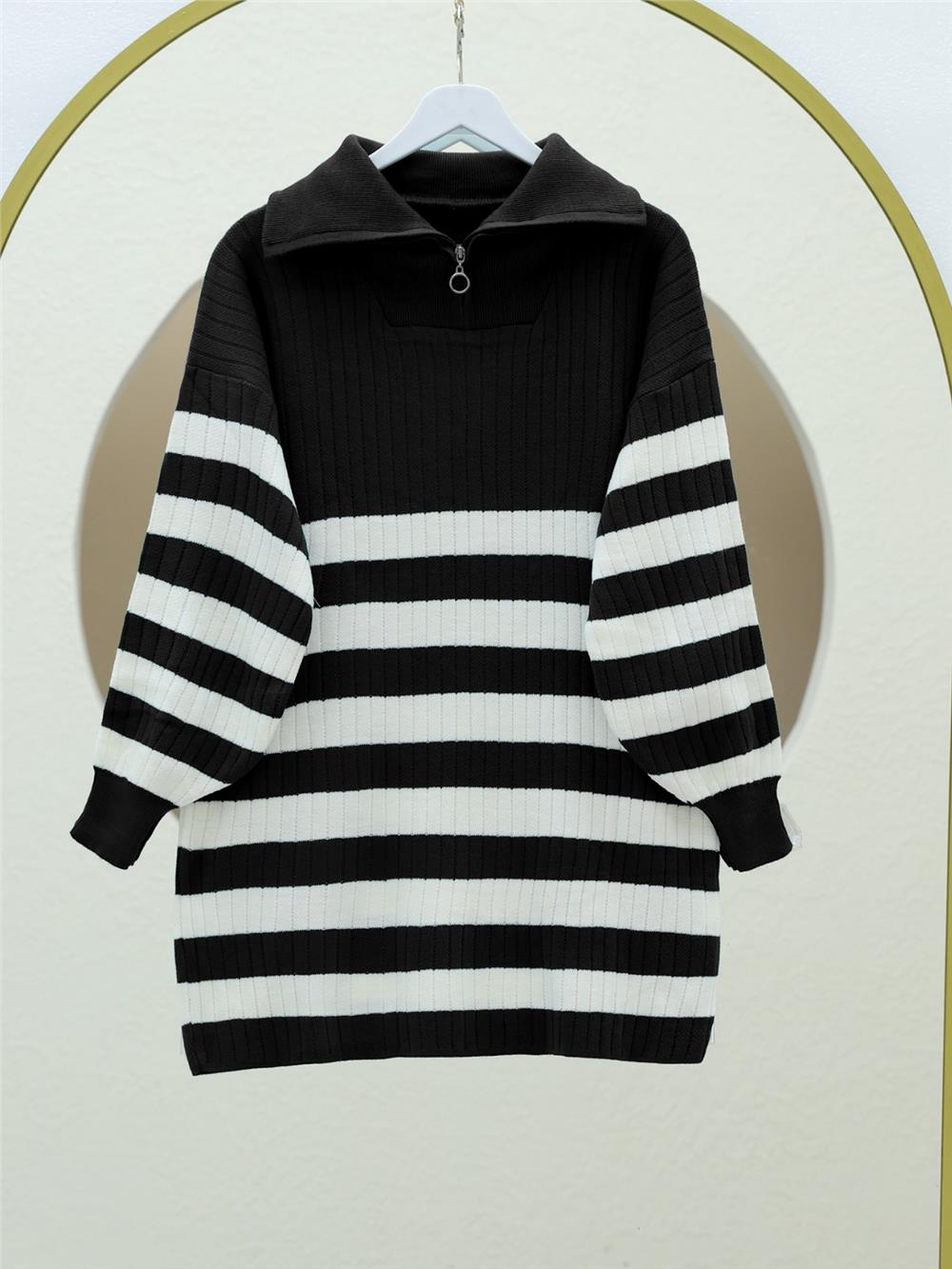 Fitilli Yarım Boğazlı Fermuarlı Triko Tunik -Siyah-295-3434-R01
