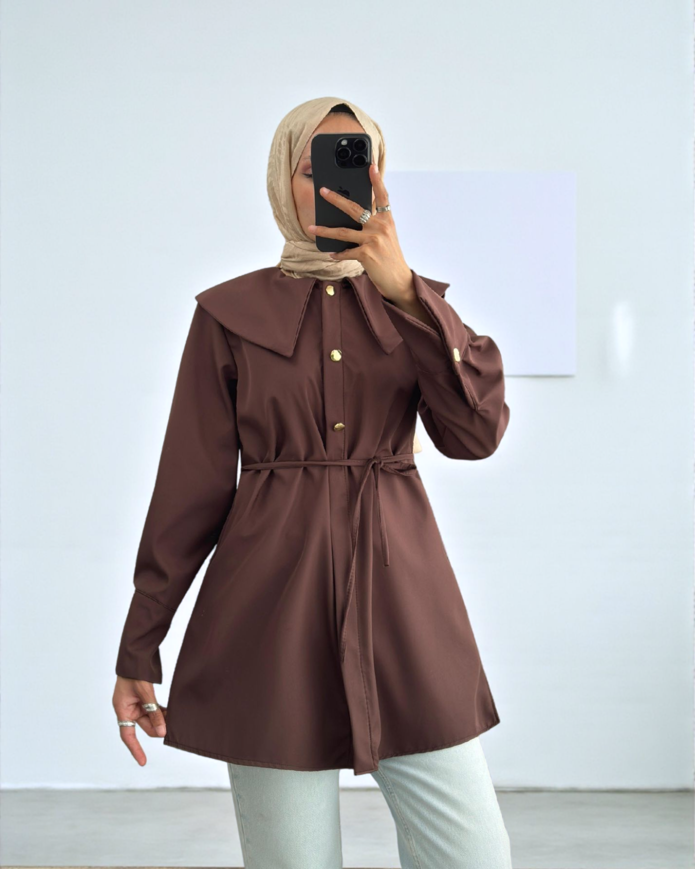 Geniş Yakalı Beli Bağlamalı Bonding Kap -Kahve