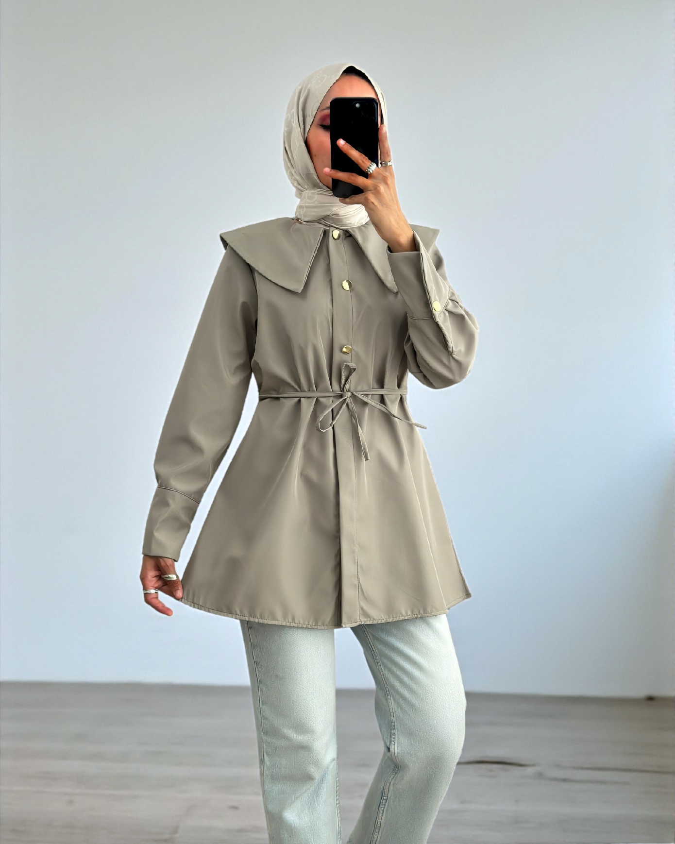 Geniş Yakalı Beli Bağlamalı Bonding Kap -Mint