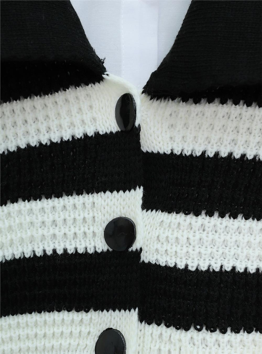 Wide Collar Striped Openwork Cardigan -Black-372-9855-R01