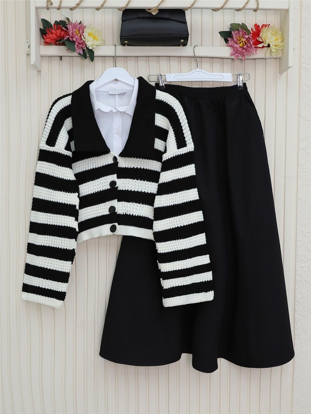 Wide Collar Striped Openwork Cardigan -Black-372-9855-R01