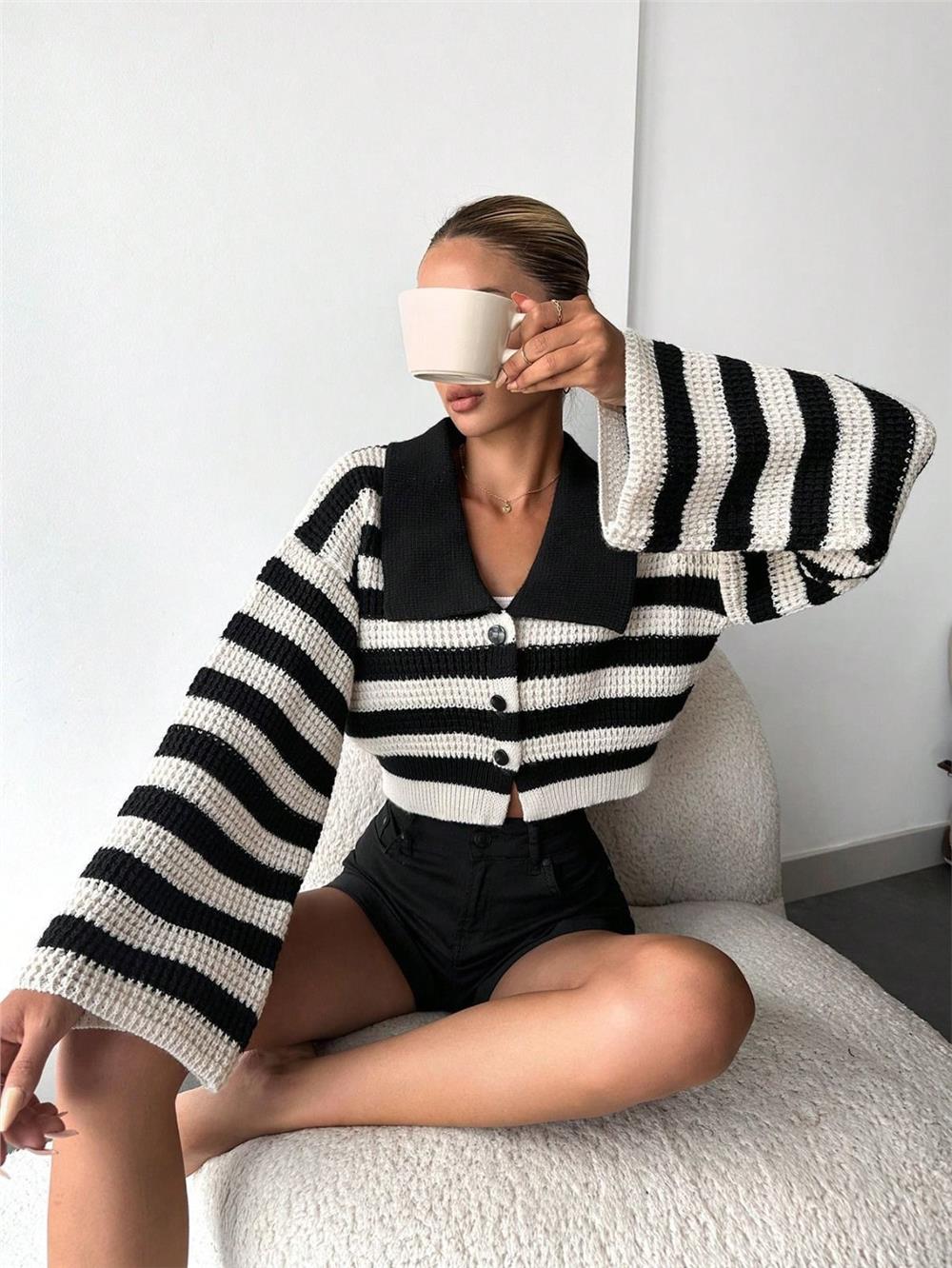 Wide Collar Striped Openwork Cardigan -Black-372-9855-R01