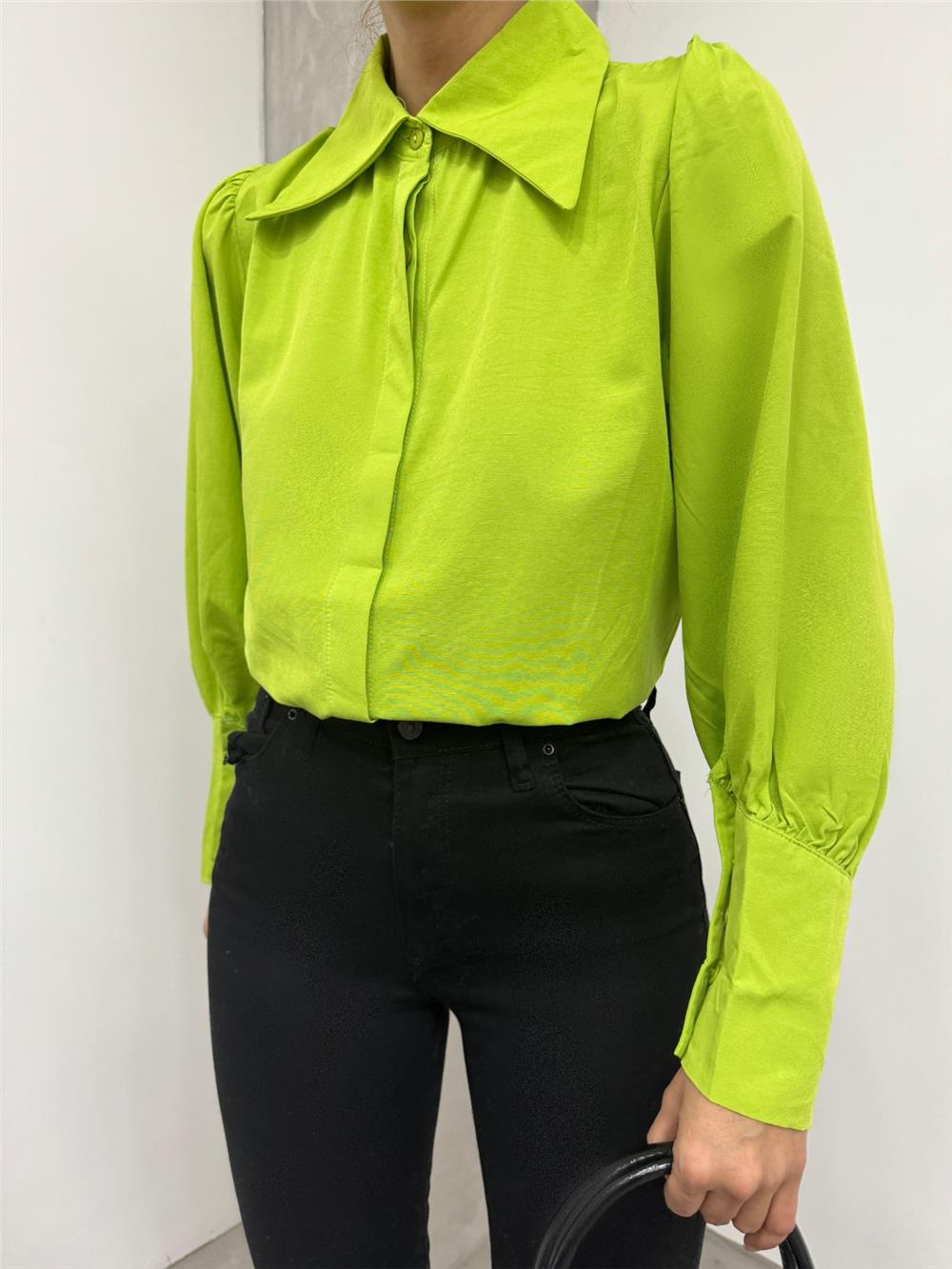 Hidden Button Balloon Sleeve Plain Shirt -Pistachio Green-246-01413-R67
