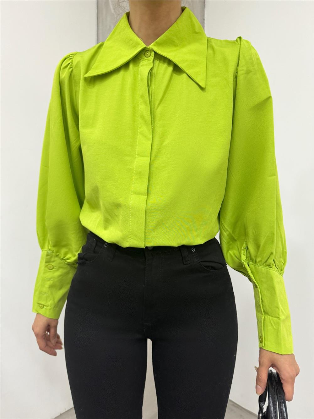 Hidden Button Balloon Sleeve Plain Shirt -Pistachio Green-246-01413-R67