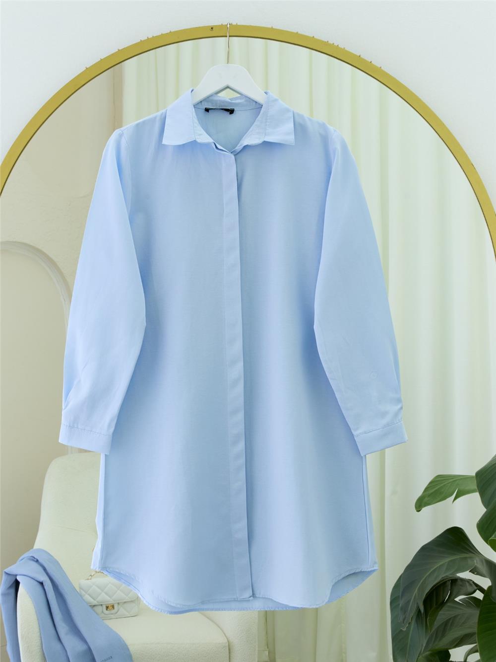 Gizli Düğmeli Oval Kesim Uzun Gömlek -Bebe Mavi-349-5071-R32