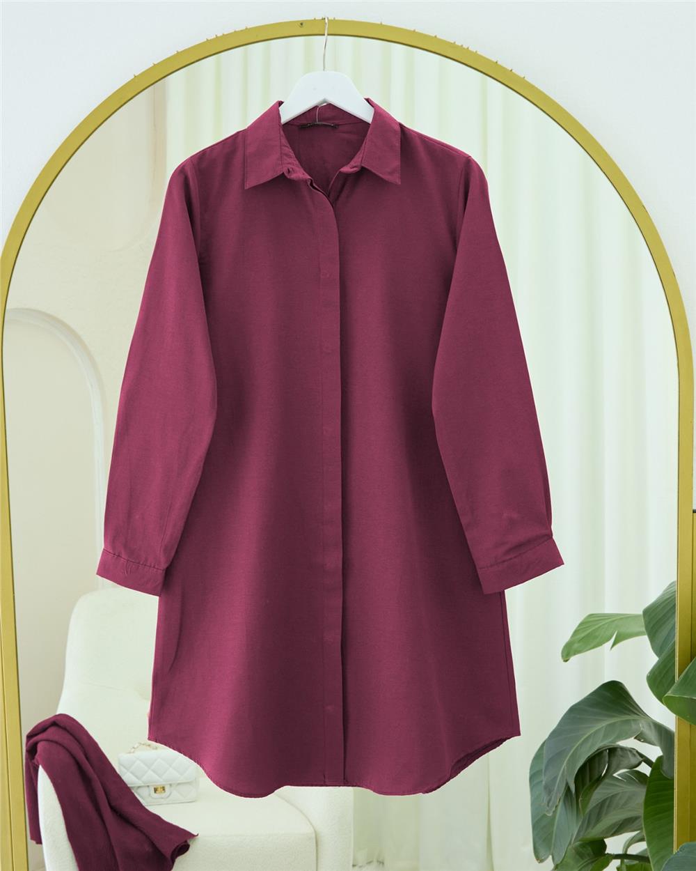 Gizli Düğmeli Oval Kesim Uzun Gömlek  -Bordo-349-5071-R04