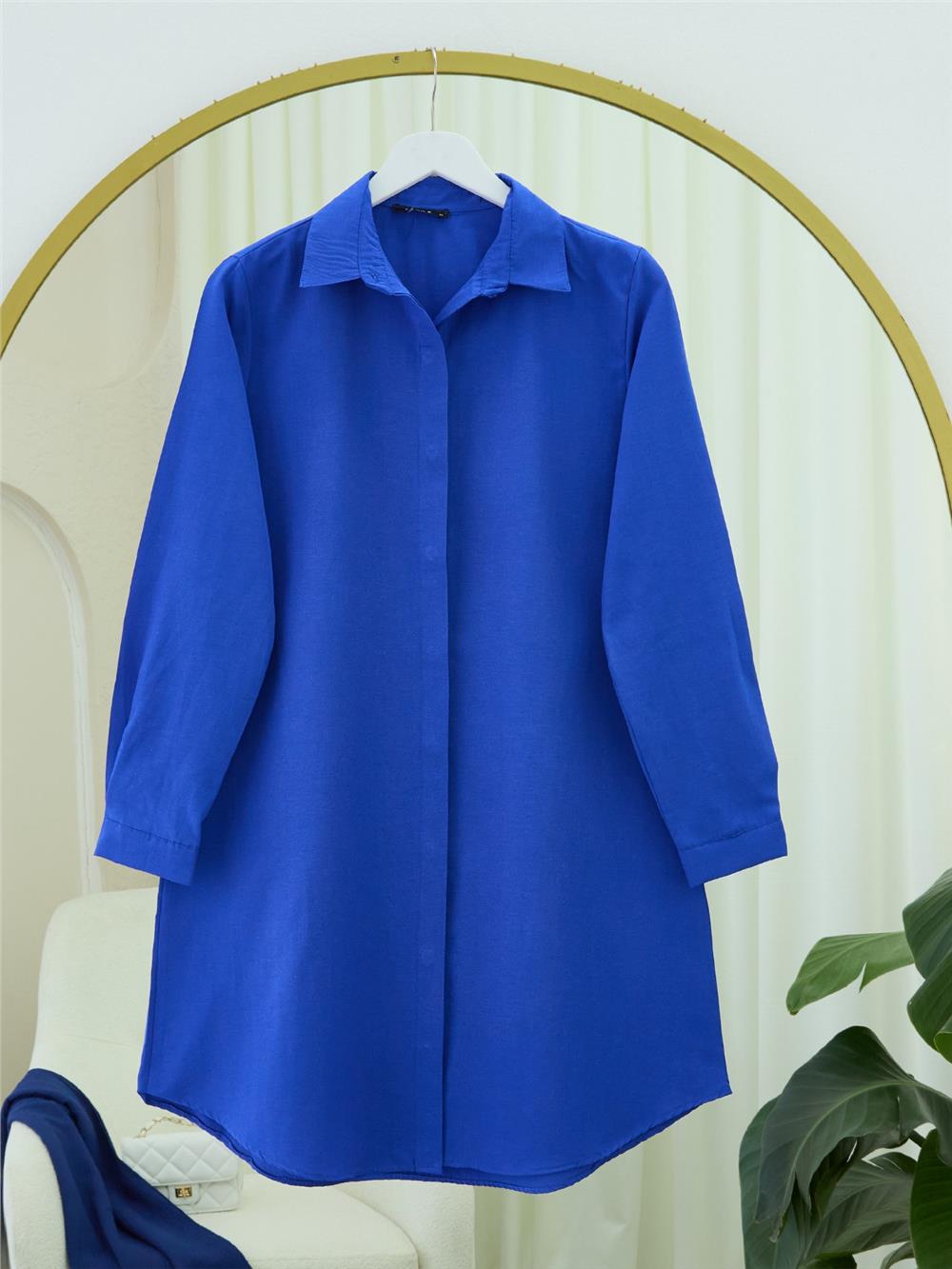 Gizli Düğmeli Oval Kesim Uzun Gömlek -Saks-349-5071-R10