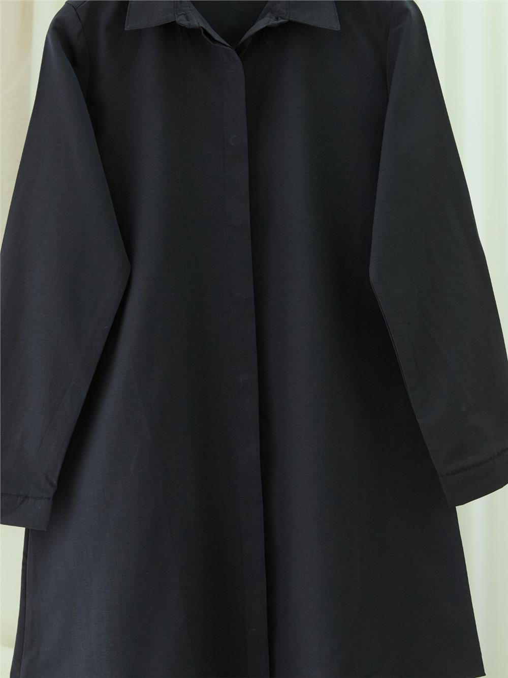 Gizli Düğmeli Oval Kesim Uzun Gömlek -Siyah-349-5071-R01