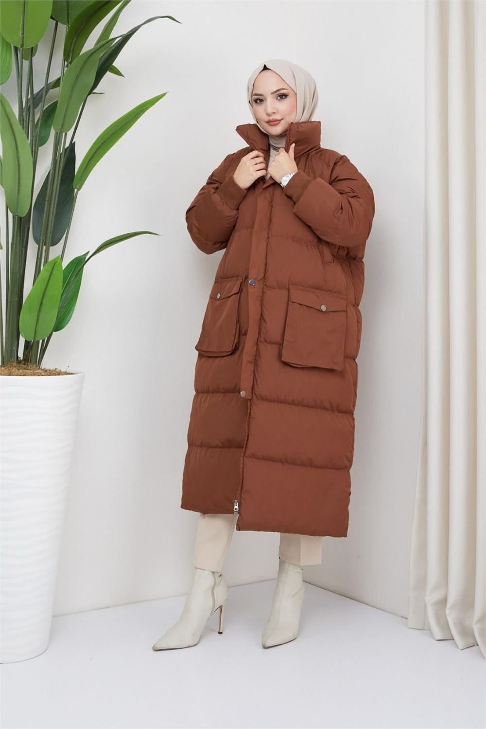 Hidden Hooded Fiber Filling Inflatable Coat -K. Coffee-192-1050-R54