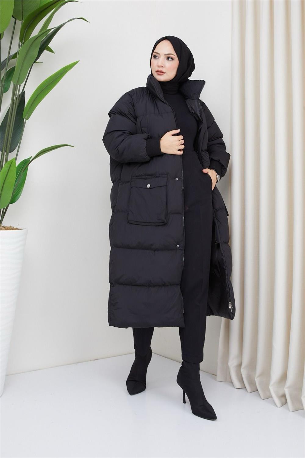 Hidden Hooded Fiber Filling Puffer Coat -Black-192-1050-R01