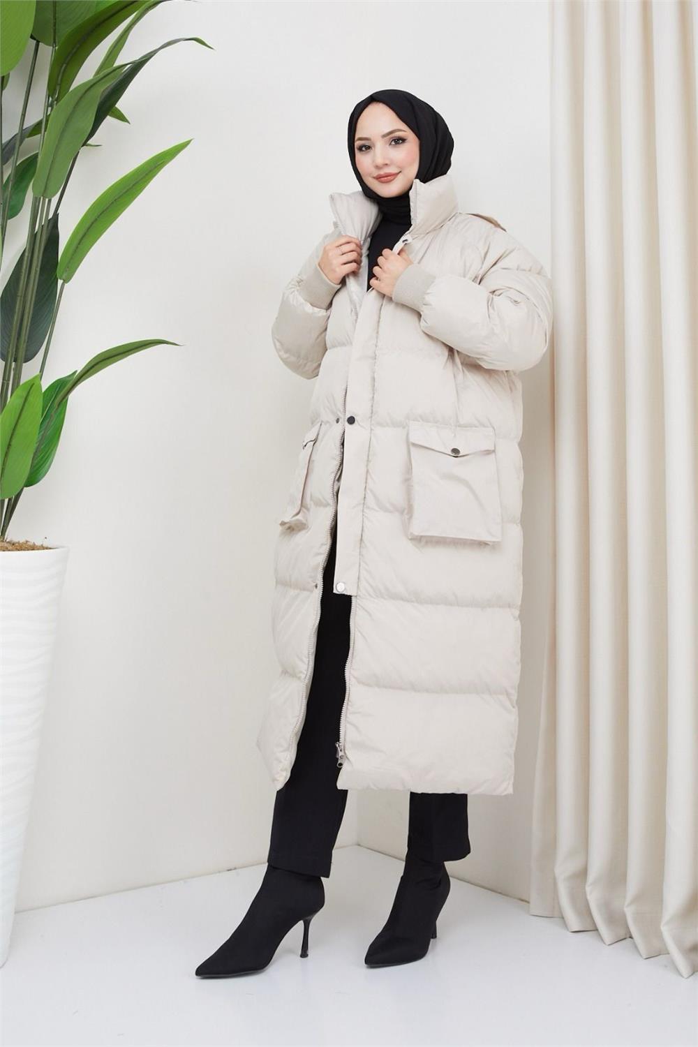 Hidden Hooded Fiber Filled Inflatable Coat -Stone-192-1050-R43