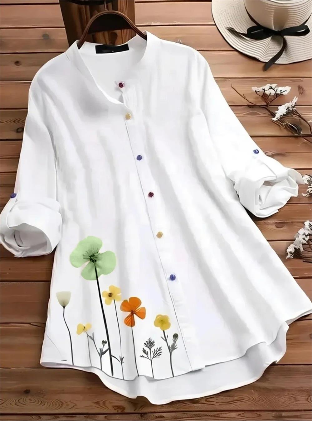 Gül Baskılı Hakim Yaka Gömlek -White-118-4376-R02