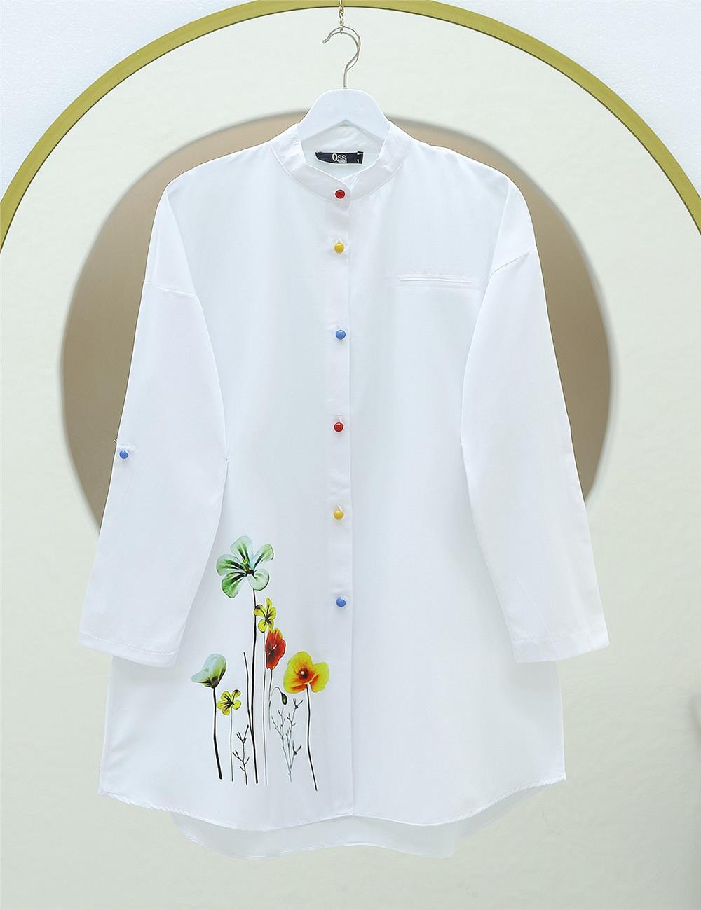 Gül Baskılı Hakim Yaka Gömlek -White-118-4376-R02