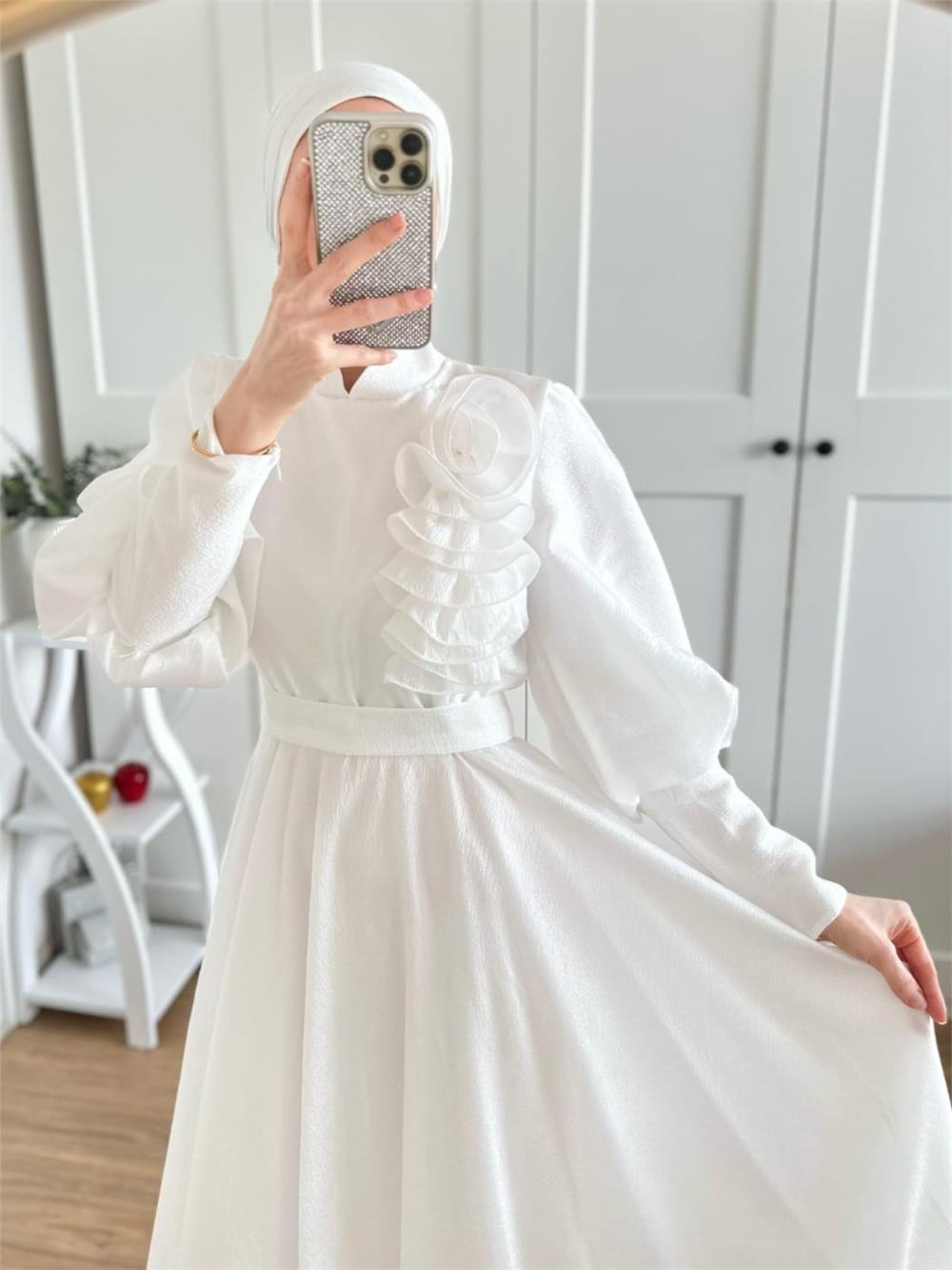 Gül Detaylı Balon Kol Astarlı Abiye -Beyaz-316-4725-R02