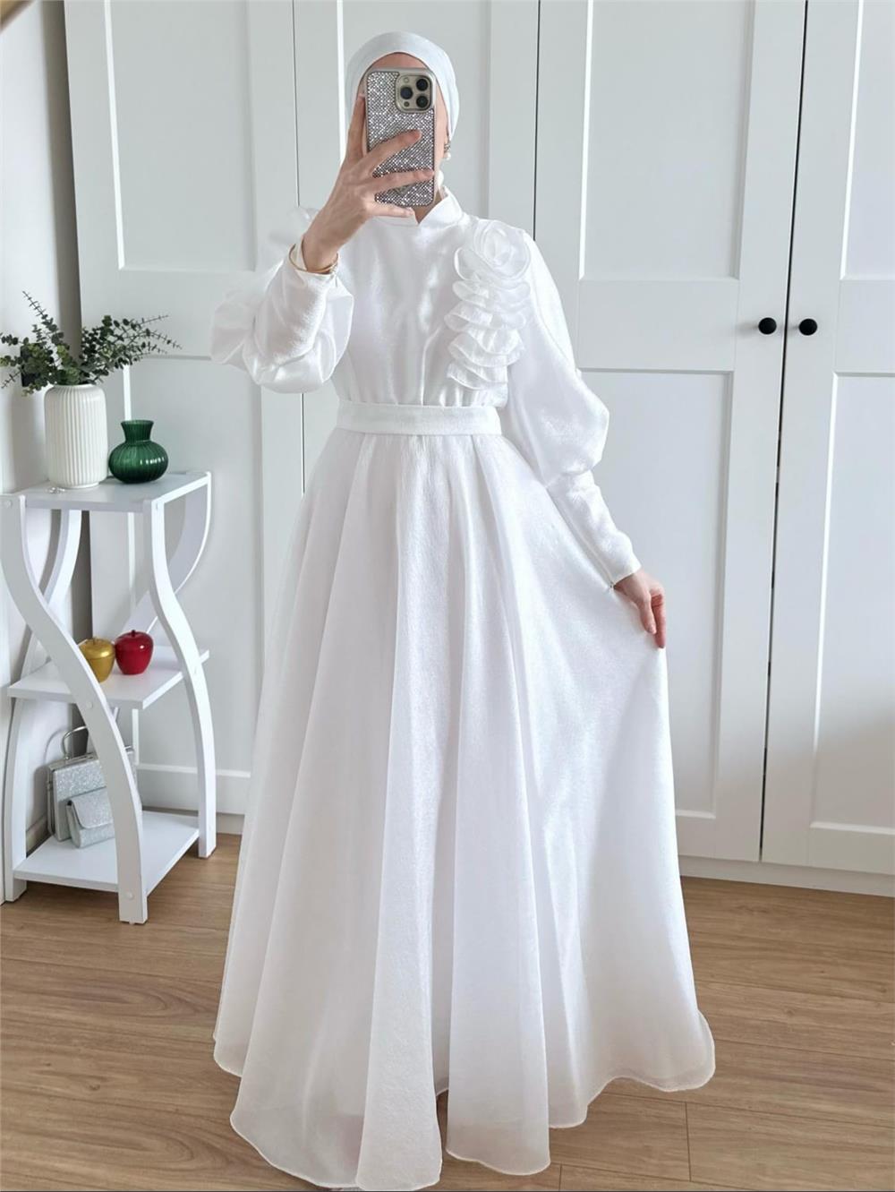Gül Detaylı Balon Kol Astarlı Abiye -Beyaz-316-4725-R02