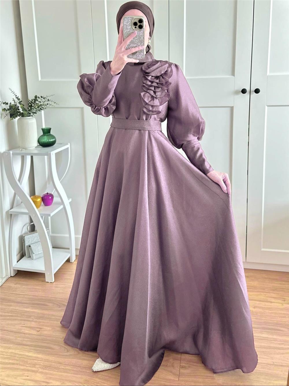 Gül Detaylı Balon Kol Astarlı Abiye -Lila-316-4725-R42