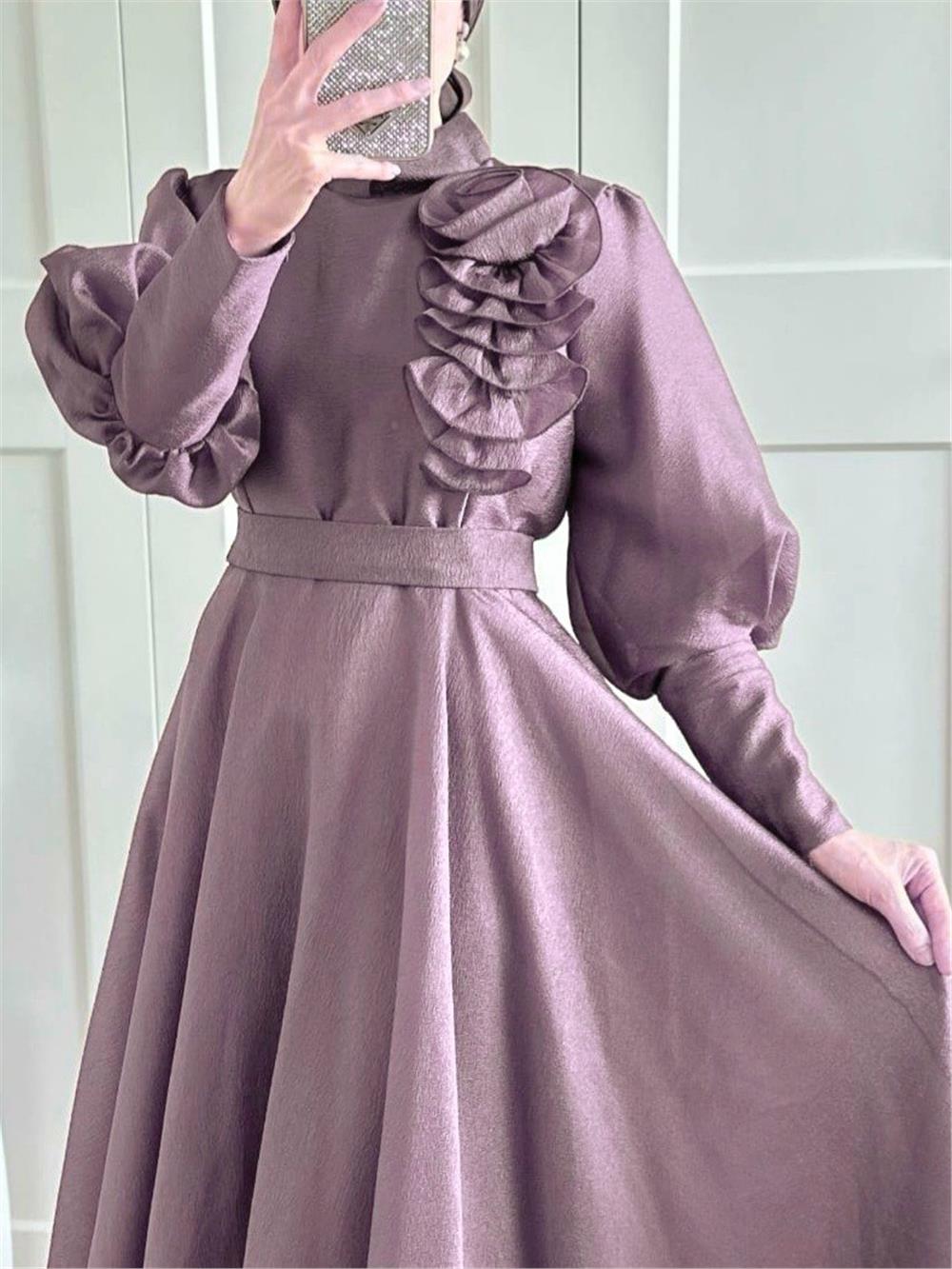 Gül Detaylı Balon Kol Astarlı Abiye -Lila-316-4725-R42