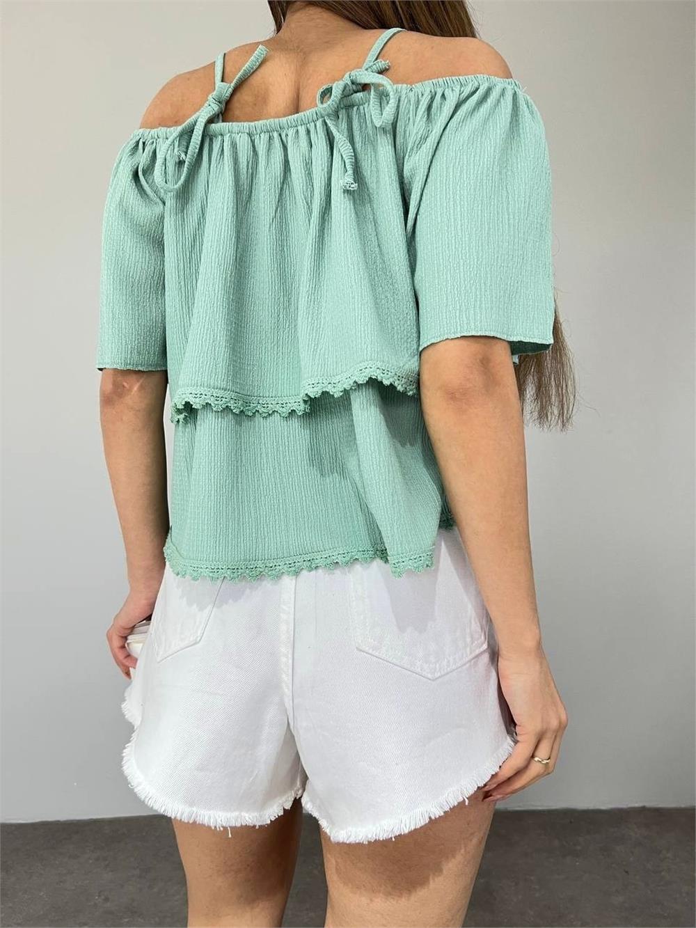 Rose Embroidered Laced String Strap T-Shirt -Mint-358-10363-R24
